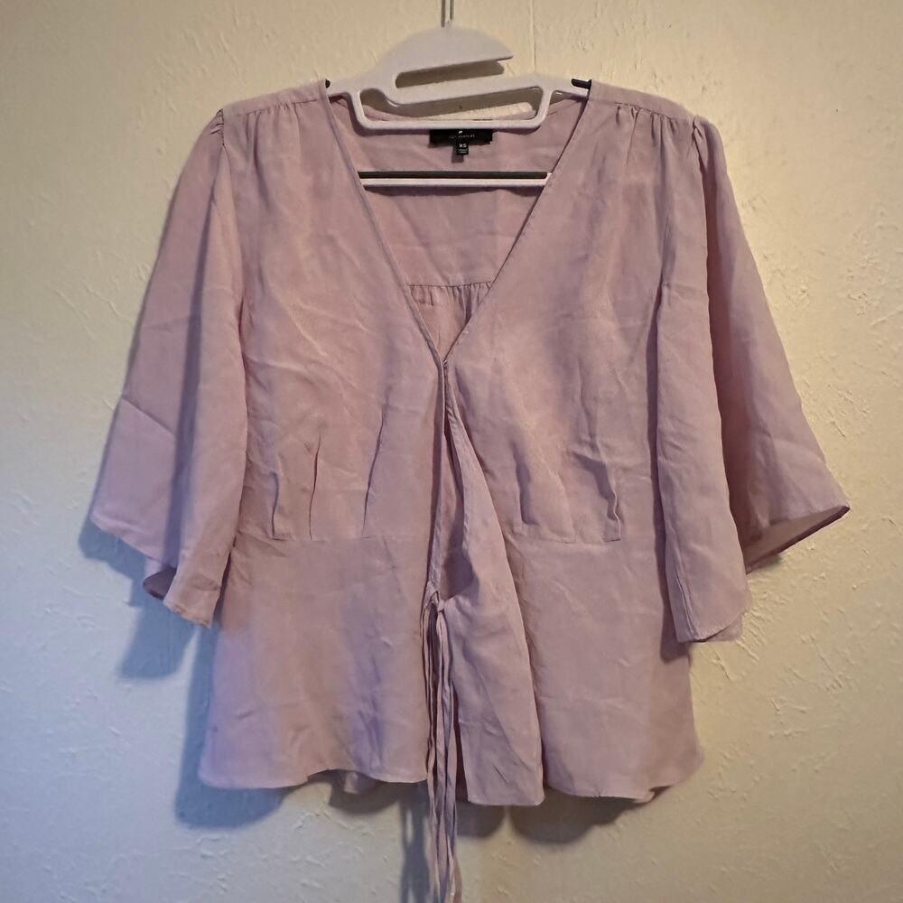 7 For All Man Kind, Purple Wrap Front Top Petal Short Sleeve Silk Blend XS